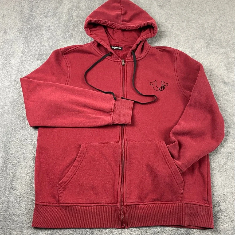 True Religion Men's XL Zip-Up Hoodie Maroon Buddha Horseshoe Graphic Sweatshirt
